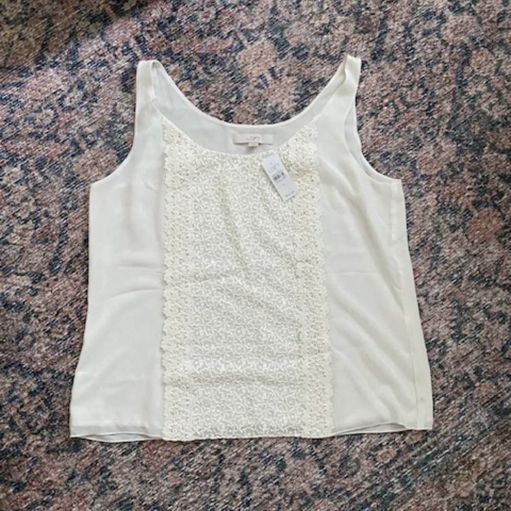 LOFT Embroidered Tank Cream Size Large NEW